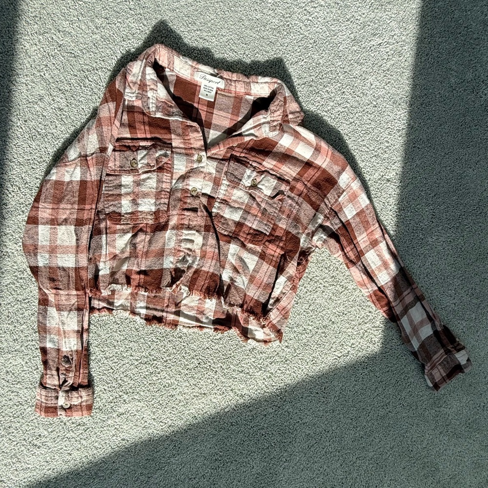 Passport Burgundy Plaid Cropped Button Down Shirt